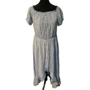 Eye Of The Needle Blue Button-Front Midi Dress With Ruffled Hem & Elastic Neckli